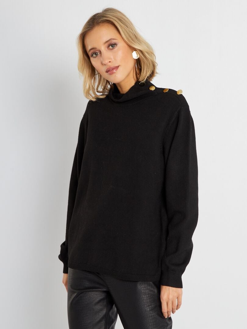 Pull Col Montant Avec Boutons Noir Kiabi