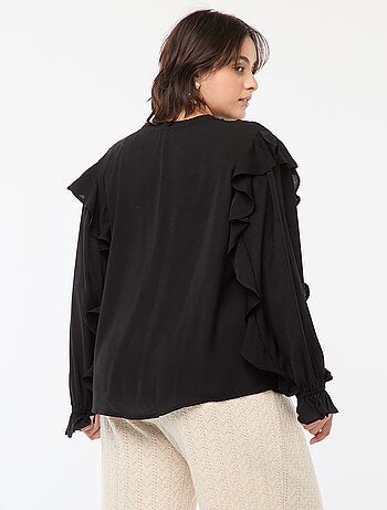 Blouse avec épaules et poignets volantés + liens à nouer au col