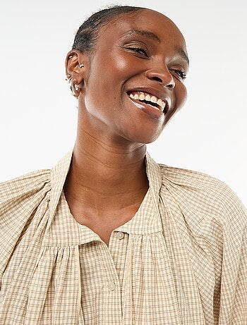 Blouse col lavalière à carreaux en coton