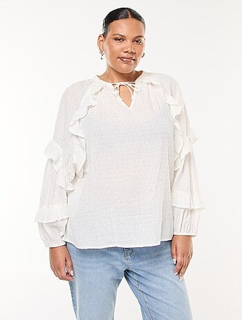 Blouse en plumetis volantée avec liens à nouer au col