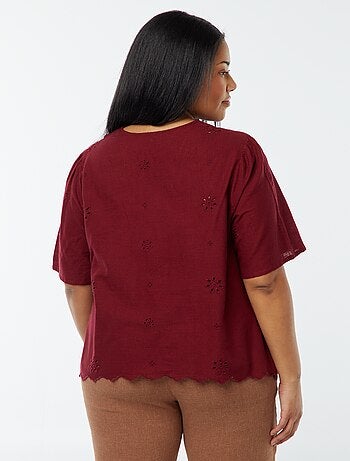 Blouse uni avec broderies et ouverture par cordons