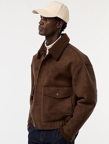 Blouson aviateur façon peau avec col effet moutonné