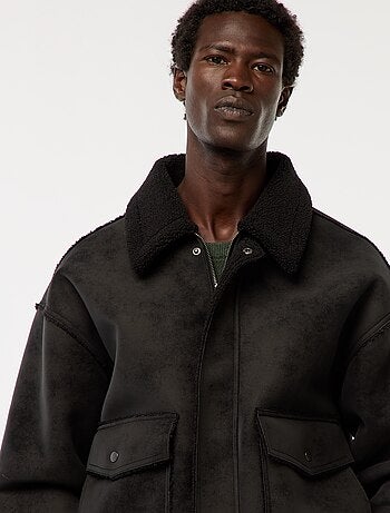 Blouson aviateur façon peau avec col effet moutonné