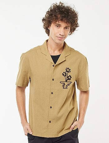 Chemise en lin mélangé à manches courtes et avec broderies