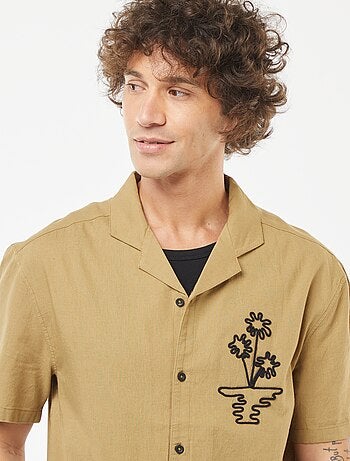 Chemise en lin mélangé à manches courtes et avec broderies
