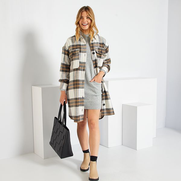 Chemise longue à carreaux effet flanelle 'JDY' femme - écru/marron - Kiabi  - 50,00€