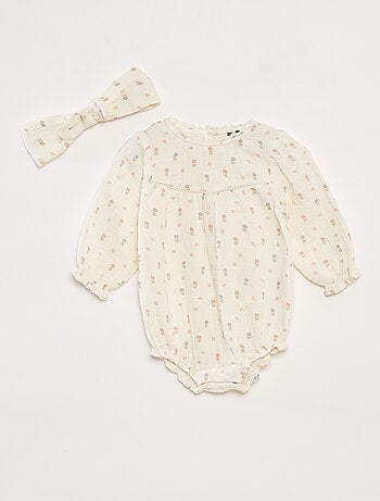 Ensemble barboteuse en gaze de coton + bandeau - 2 pièces