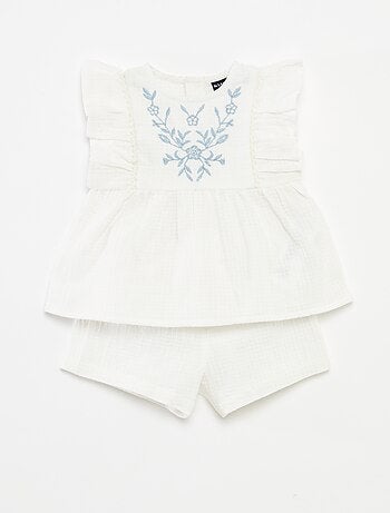 Ensemble blouse brodée + short - 2 pièces