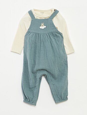 Ensemble body + salopette en gaze de coton - 2 pièces