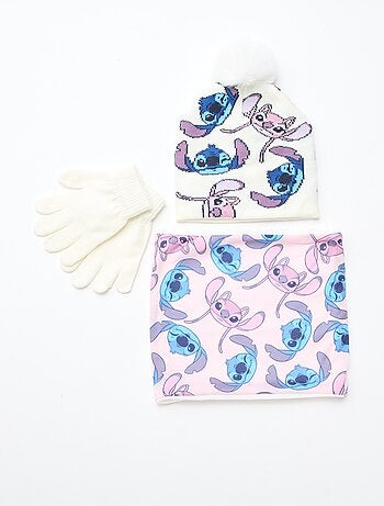 Ensemble bonnet + snood + gants 'Stitch & Angel' - 3 pièces