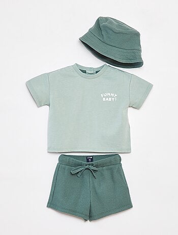 Ensemble court t-shirt + short + bob - 3 pièces