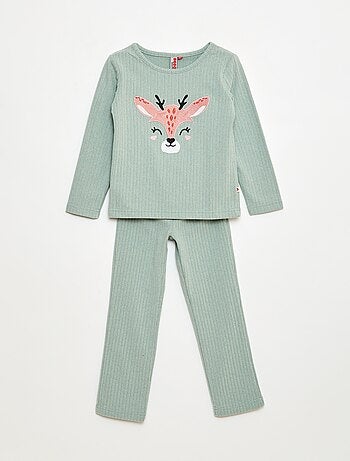 Ensemble pyjama long en matière douce et côtelée t-shirt + pantalon - 2 pièces