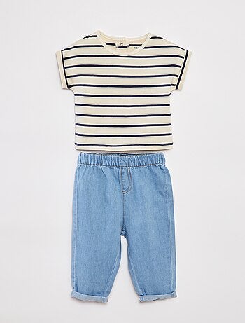 Ensemble t-shirt rayé + pantalon en denim - 2 pièces