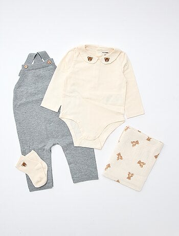 GIFTBOX salopette longue en tricot + body + lange double gaze + chaussettes