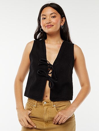 Gilet denim sans manches ouverture nouée