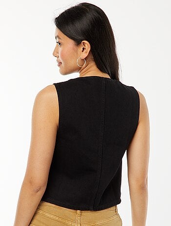 Gilet denim sans manches ouverture nouée
