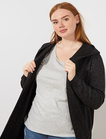 Grande taille femme - Gilet long à capuche en maille pailletée - Kiabi
