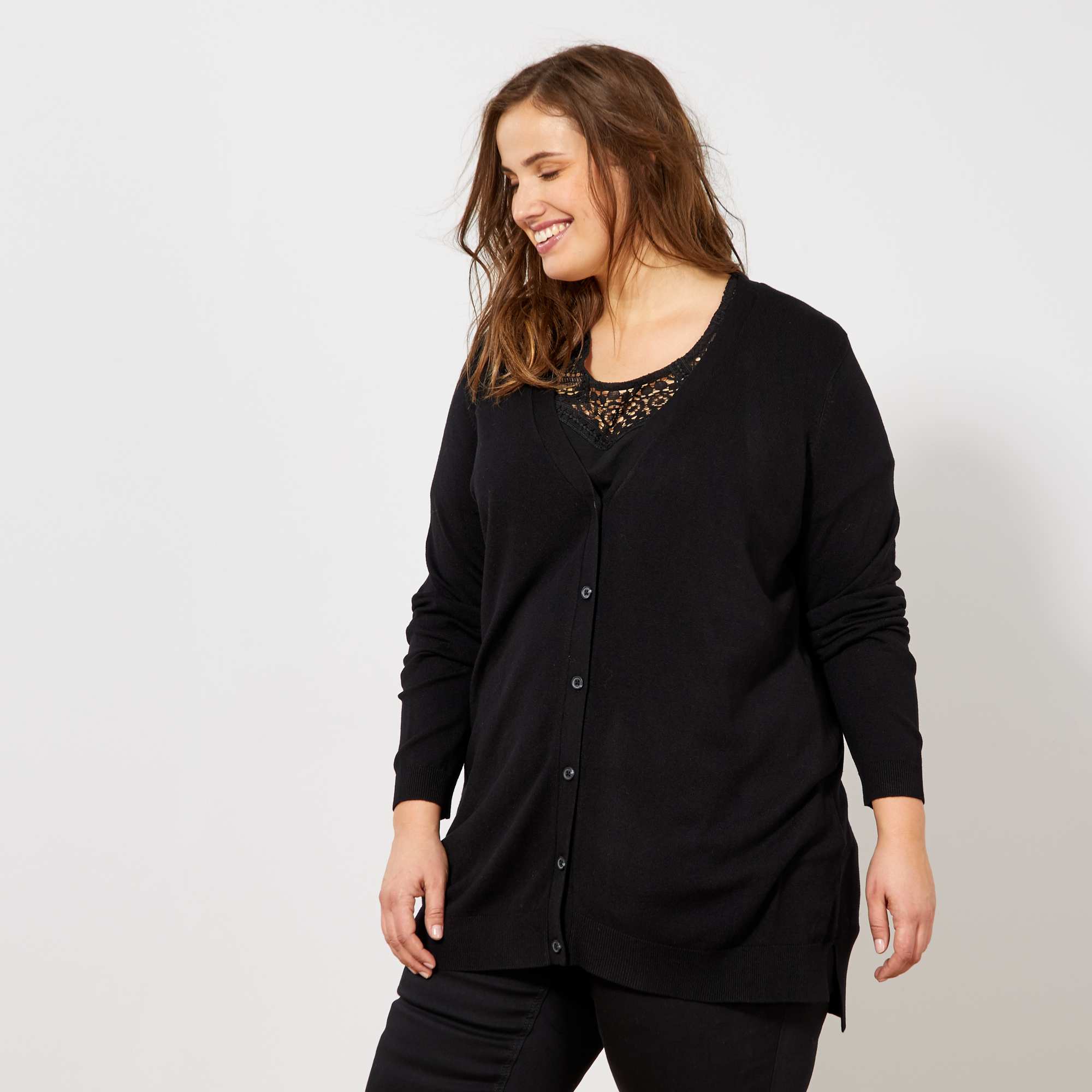 Gilet long boutonné en viscose Grande taille femme - noir ...