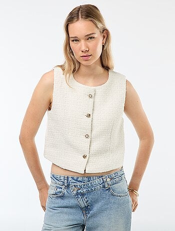 Gilet sans manches en tweed avec boutons fantaisies