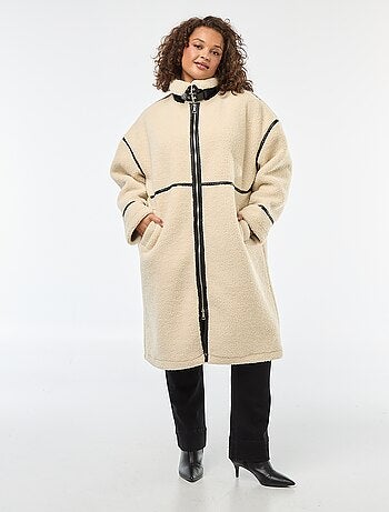 Long manteau en fausse laine avec empiècements en simili