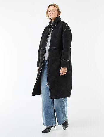 Long manteau en fausse laine avec empiècements en simili