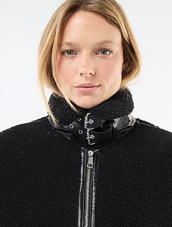 Long manteau en fausse laine avec empiècements en simili