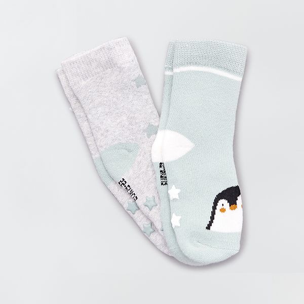 Lot De 2 Paires De Chaussettes Antiderapantes Bebe Fille Gris Bleu Pingouin Kiabi 2 80