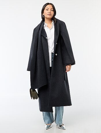 Manteau long façon lainage col rond avec écharpe cousue