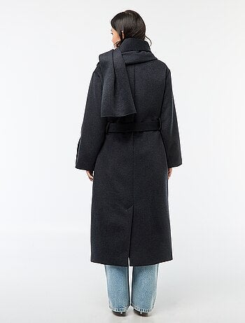 Manteau long façon lainage col rond avec écharpe cousue