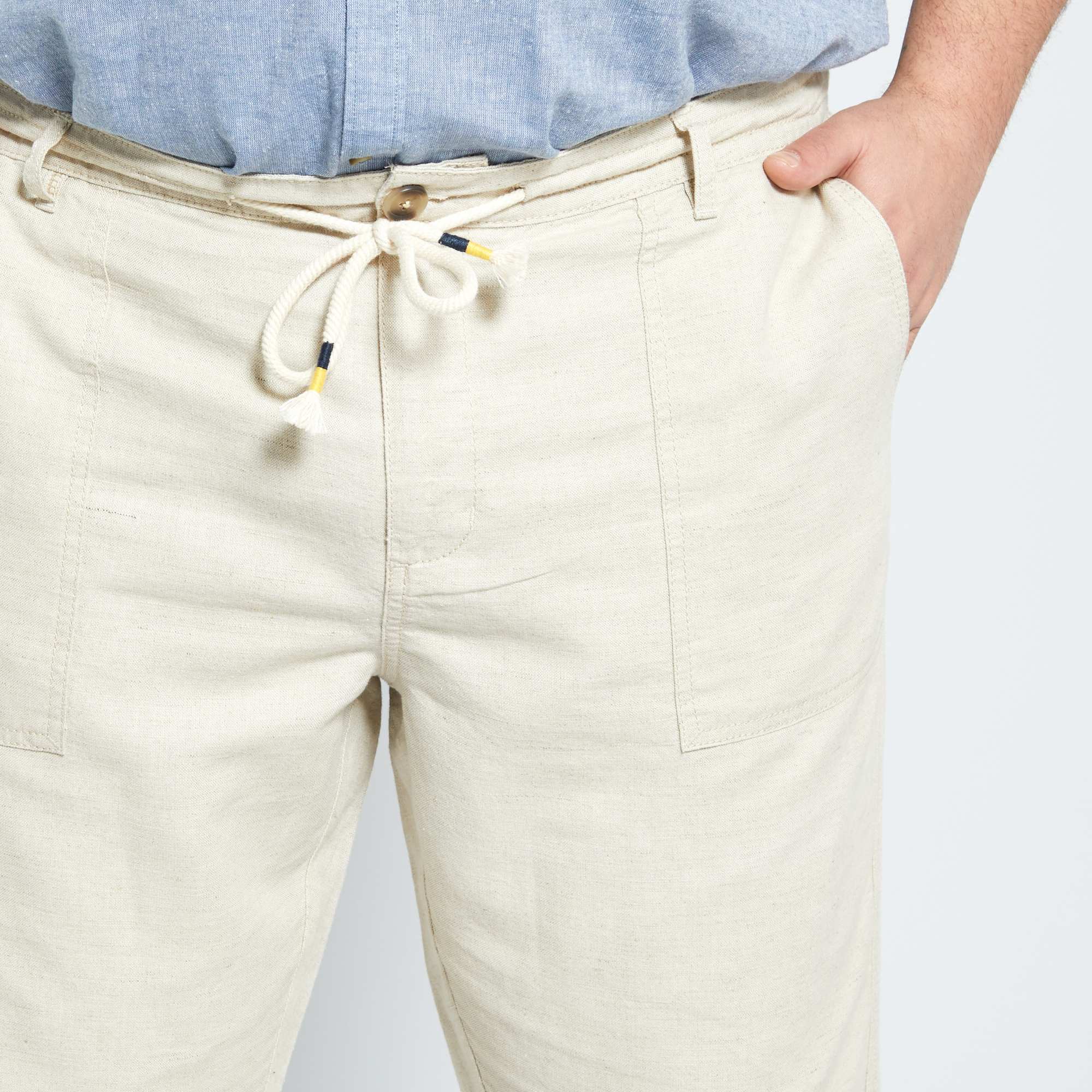Pantalon Femme Coton-Lin Taille Haute - Décontracté, Léger, 7/8 - Avec Poches Pour Été
