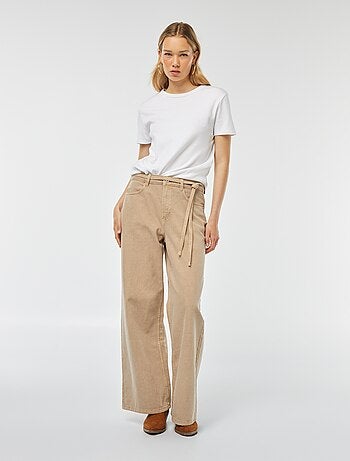 Pantalon large à taille haute en twill avec ceinture à nouer