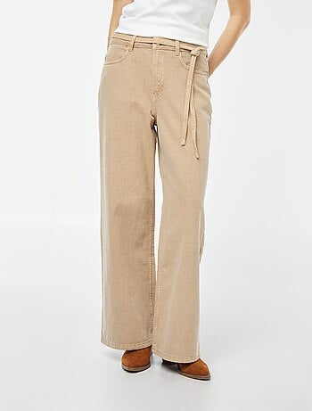 Pantalon large à taille haute en twill avec ceinture à nouer