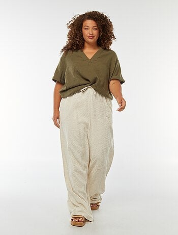 Pantalon large maille reliefée en lin mélangé