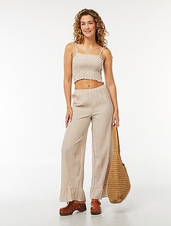 Pantalon large vichy volanté