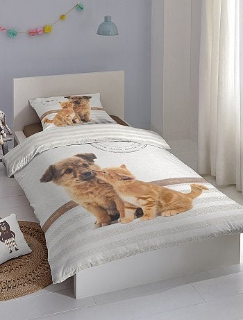Parure de lit 1 personne imprimé 'Chien et chat - Kiabi