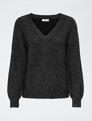 Pull ajouré col V 'Jdyaspen' uni