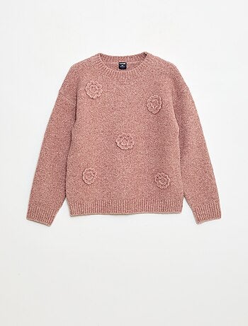 Pull col rond avec fleurs en crochet uni