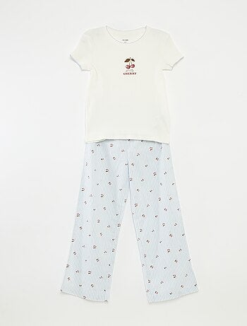 Pyjama 2 pièces en coton t-shirt côtelé + pantalon en popeline - 2 pièces