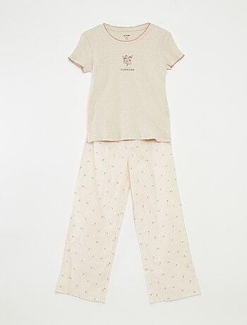 Pyjama 2 pièces en coton t-shirt côtelé + pantalon en popeline - 2 pièces