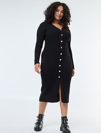 Robe longue côtelée avec boutonnage doré