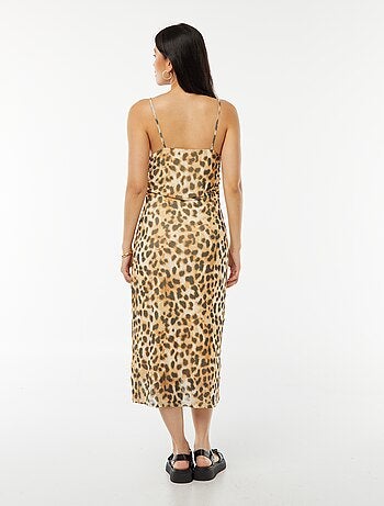 Robe midi en mesh imprimé léopard col bénitier