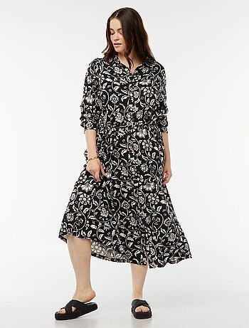 Robe midi imprimée ceinturée et pressionnée