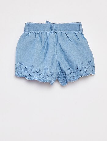 Short en denim brodé avec lien à nouer