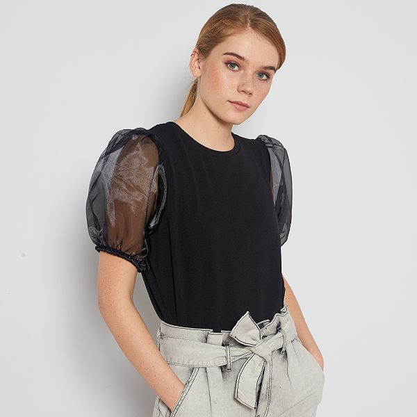 T shirt   manches  bouffantes  en organza Femme noir 