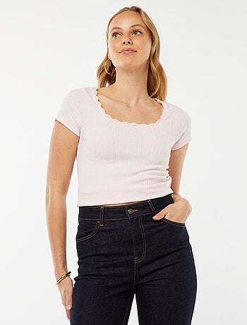 T-shirt à manches courtes avec dentelle et nœud fantaisiste