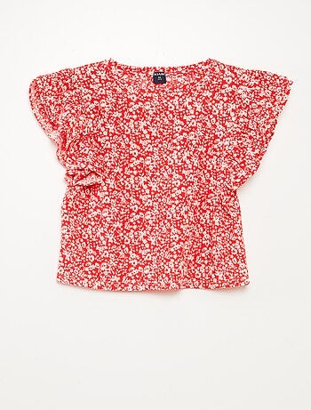 T-shirt à manches courtes volantées et à col rond avec imprimé