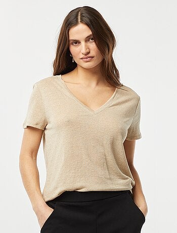T-shirt basique col V en lin mélangé