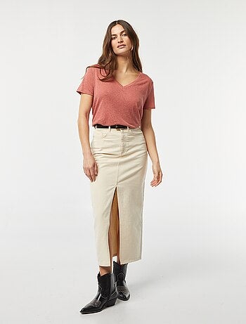 T-shirt basique col V en lin mélangé