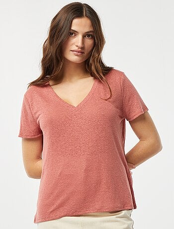 T-shirt basique col V en lin mélangé