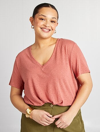 T-shirt col V en lin mélangé